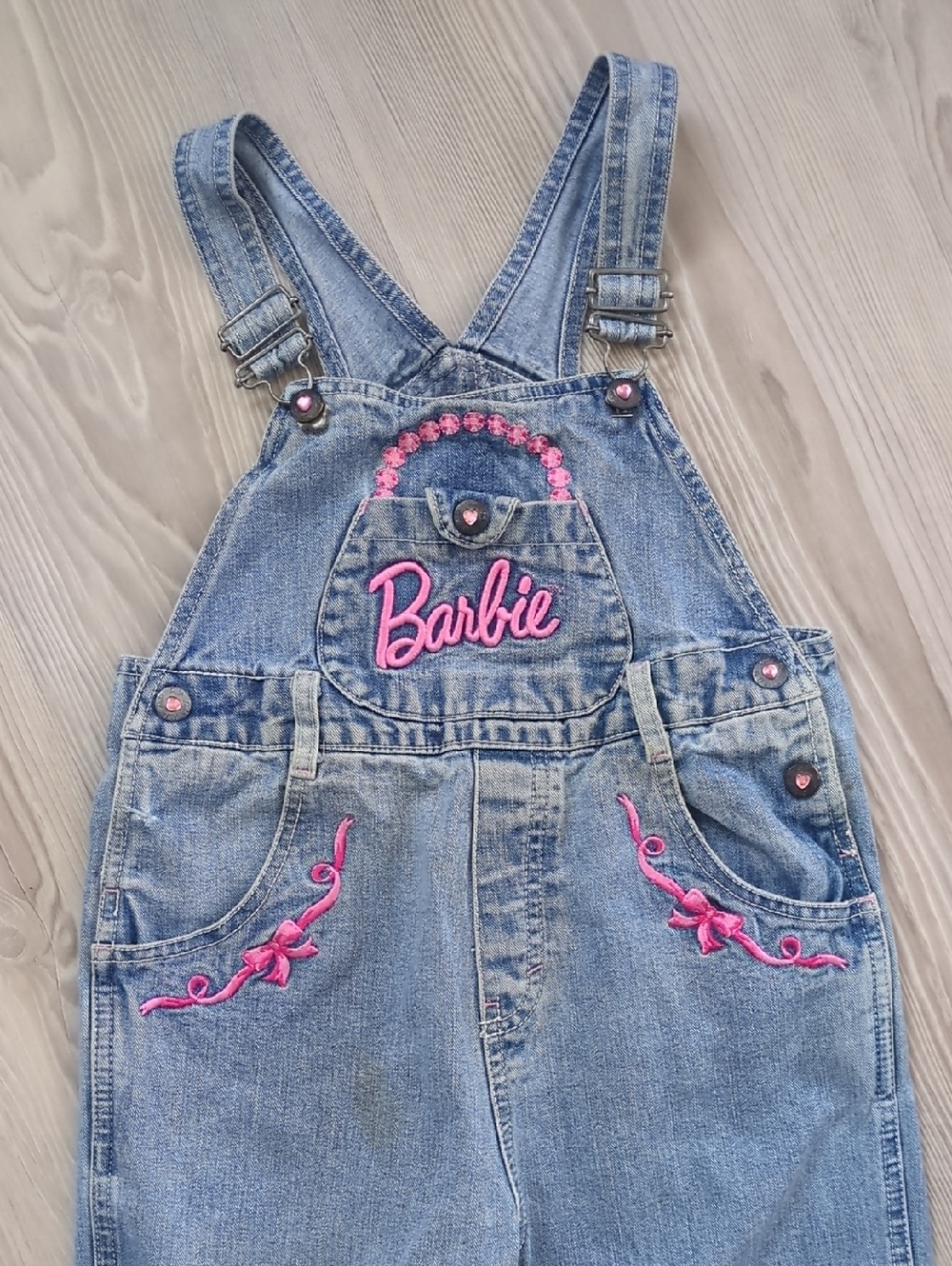 Barbie Light Blue Denim Overalls with Pink Embroidery Vintage Size 5 Girls